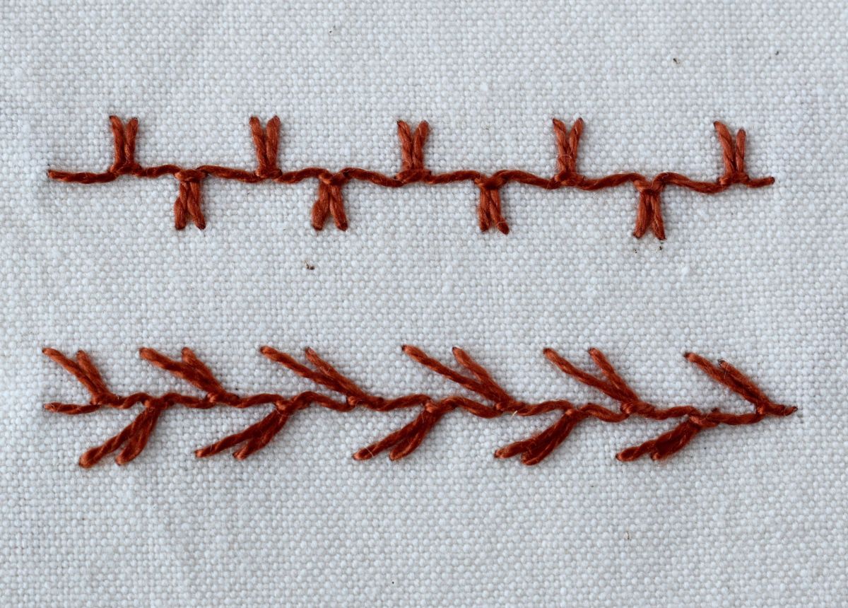 Up and Down Feathered Buttonhole Stitch embroidery sampler with brown pearl cotton thread image